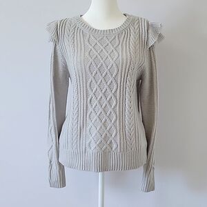 Jessica Simpson Women Light Grey Cable Knit Sweater With Ruffle Sleeves Size M